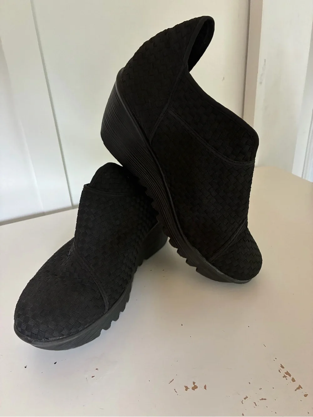 bernie mev. Black Woven Wedge Booties with Side Zipper